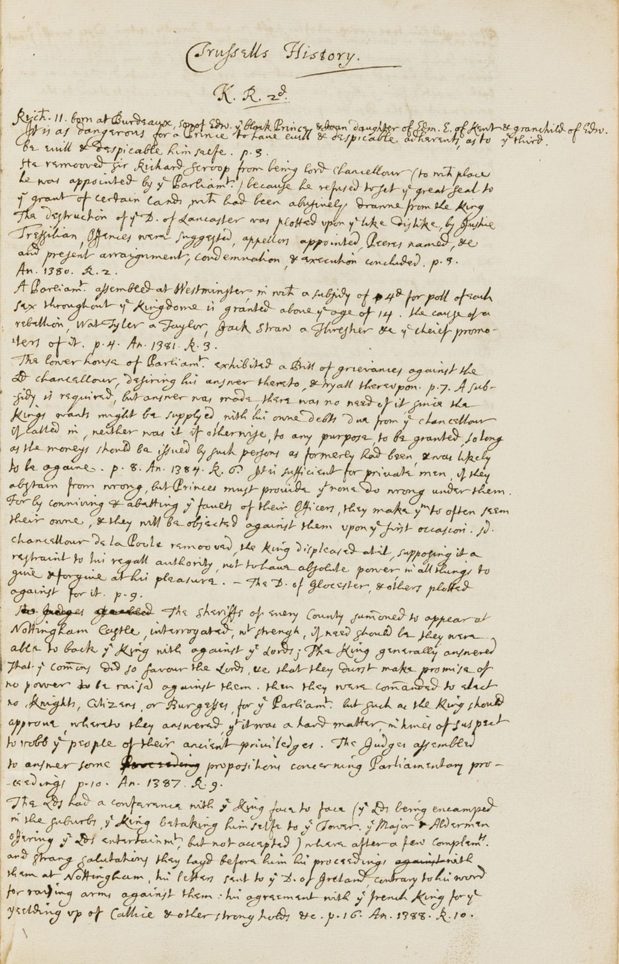 Trussell (John) A Continuation of the Collection of the History of England, ?autograph manuscript, …