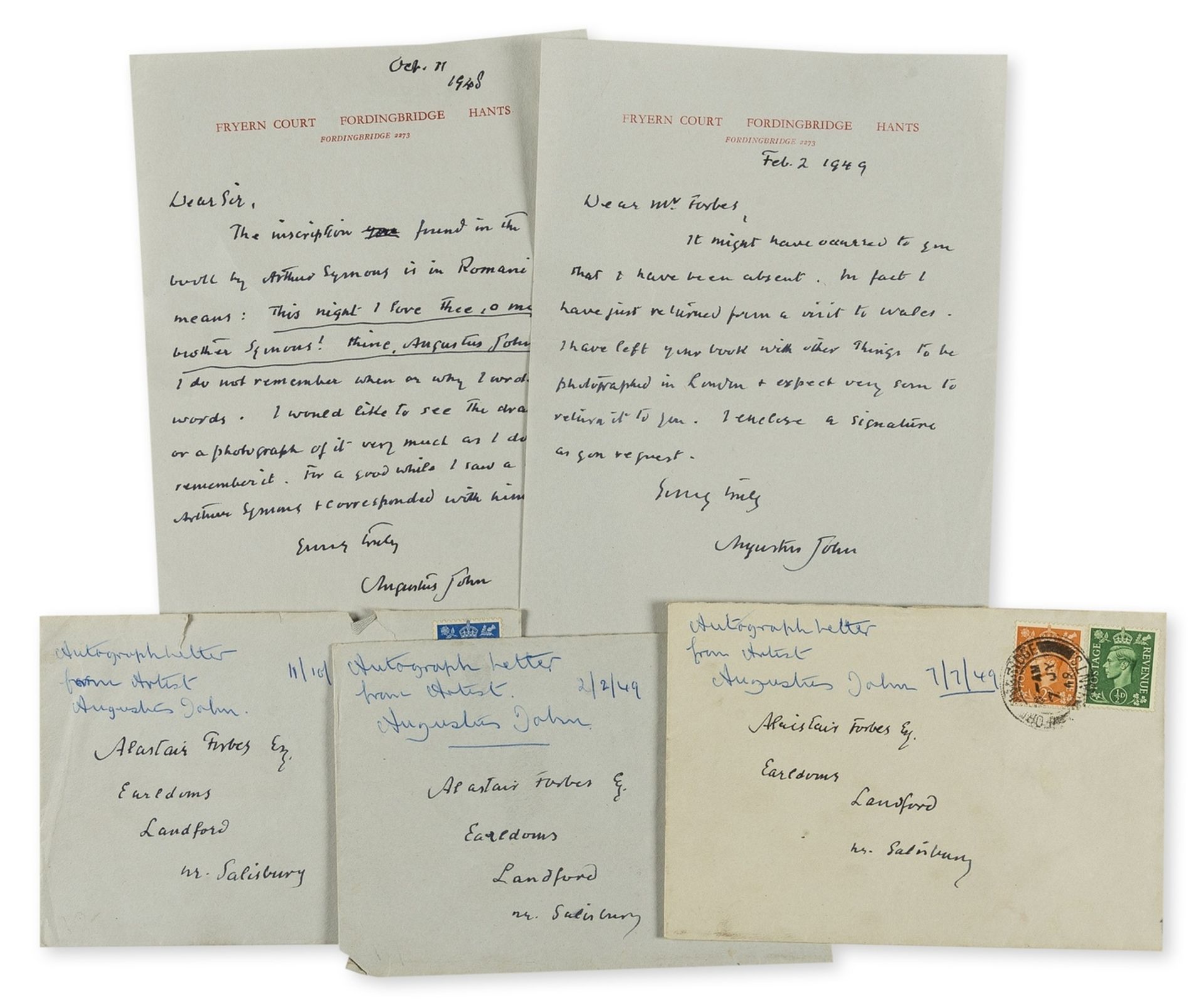 John (Augustus) 3 Autograph Letters signed to Alastair Forbes, 1948-49, concerning a Romani …