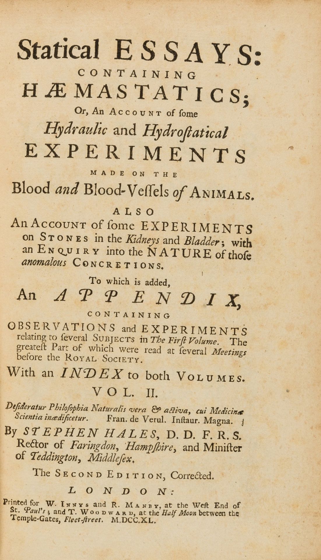 Botany & Medicine.- Hales (Stephen) Statical Essays: Containing Vegetable Staticks..., 2 vol., …