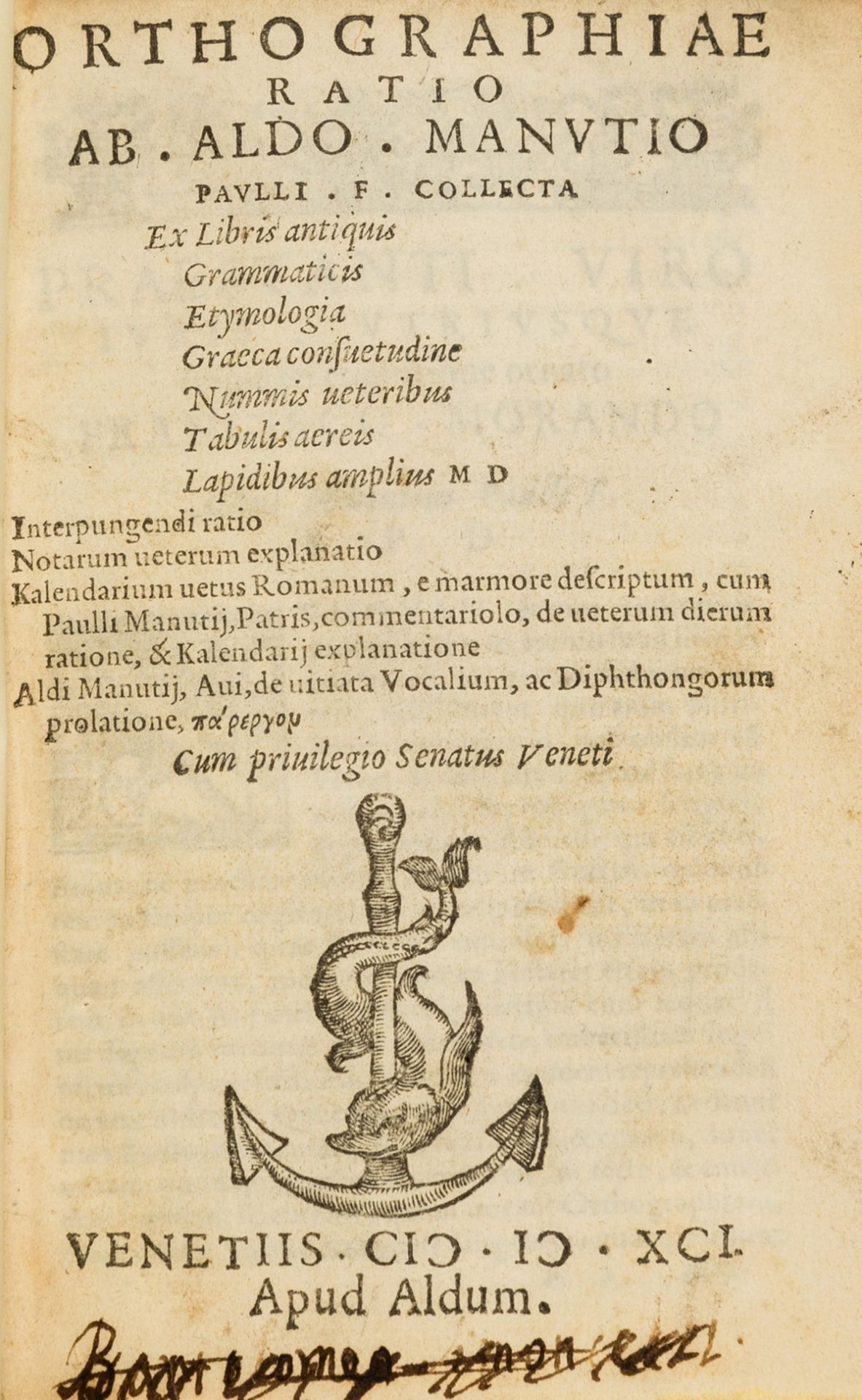 Aldus.- Manutius (Aldus) Orthographiae ratio, 2 parts in 1, Venice, Aldus, 1591.