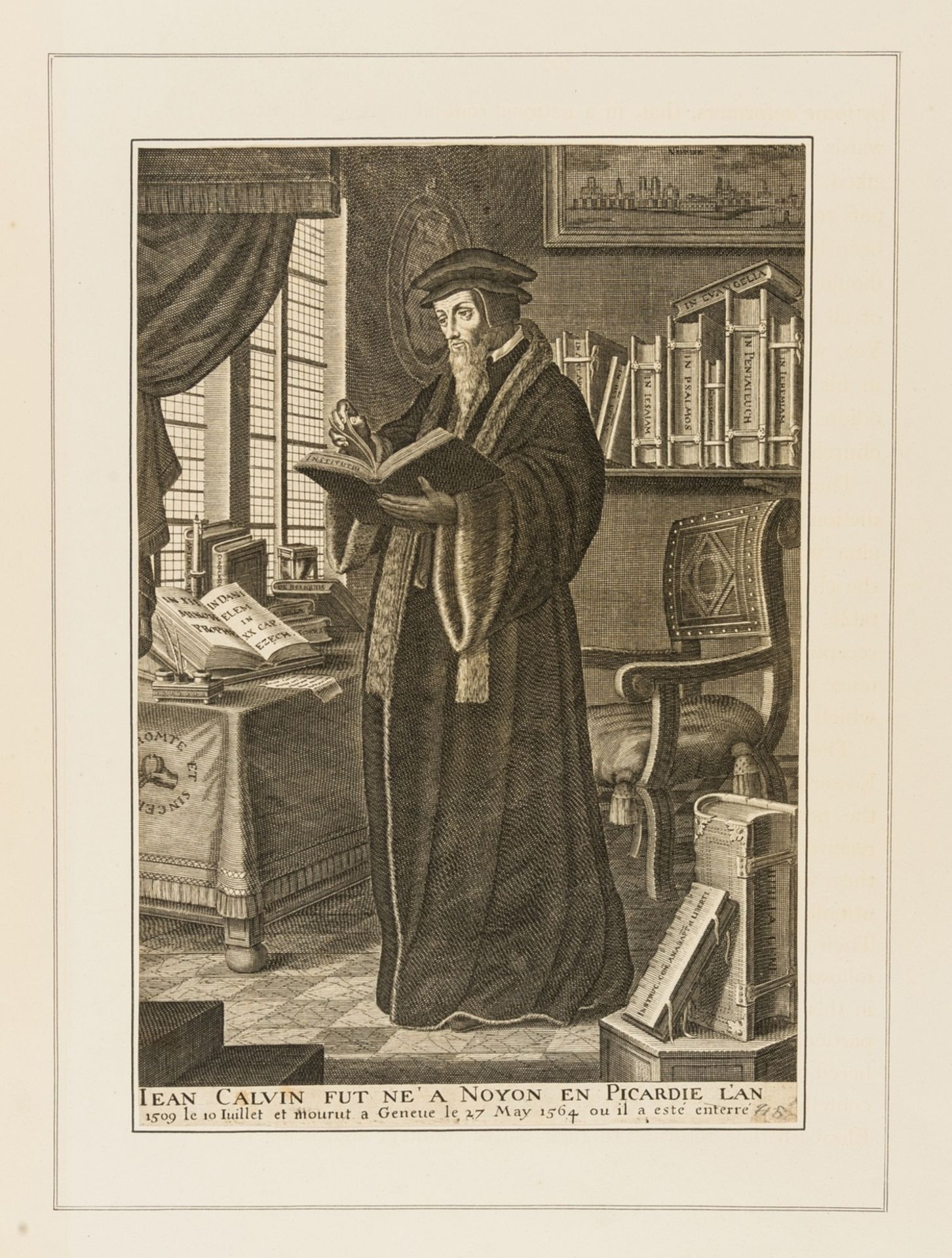 Bibliophilia.- Visscher (Claes Jansz.), Follower of. Jean Calvin [full length portrait standing in …