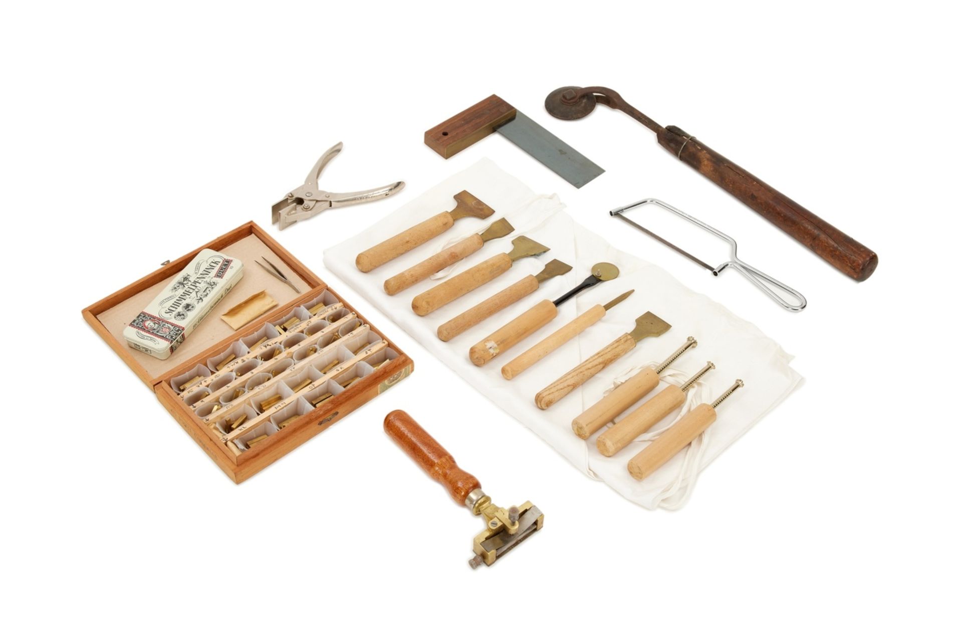 Bookbinding.- A group of tools, including hand tools, pallets, etc.