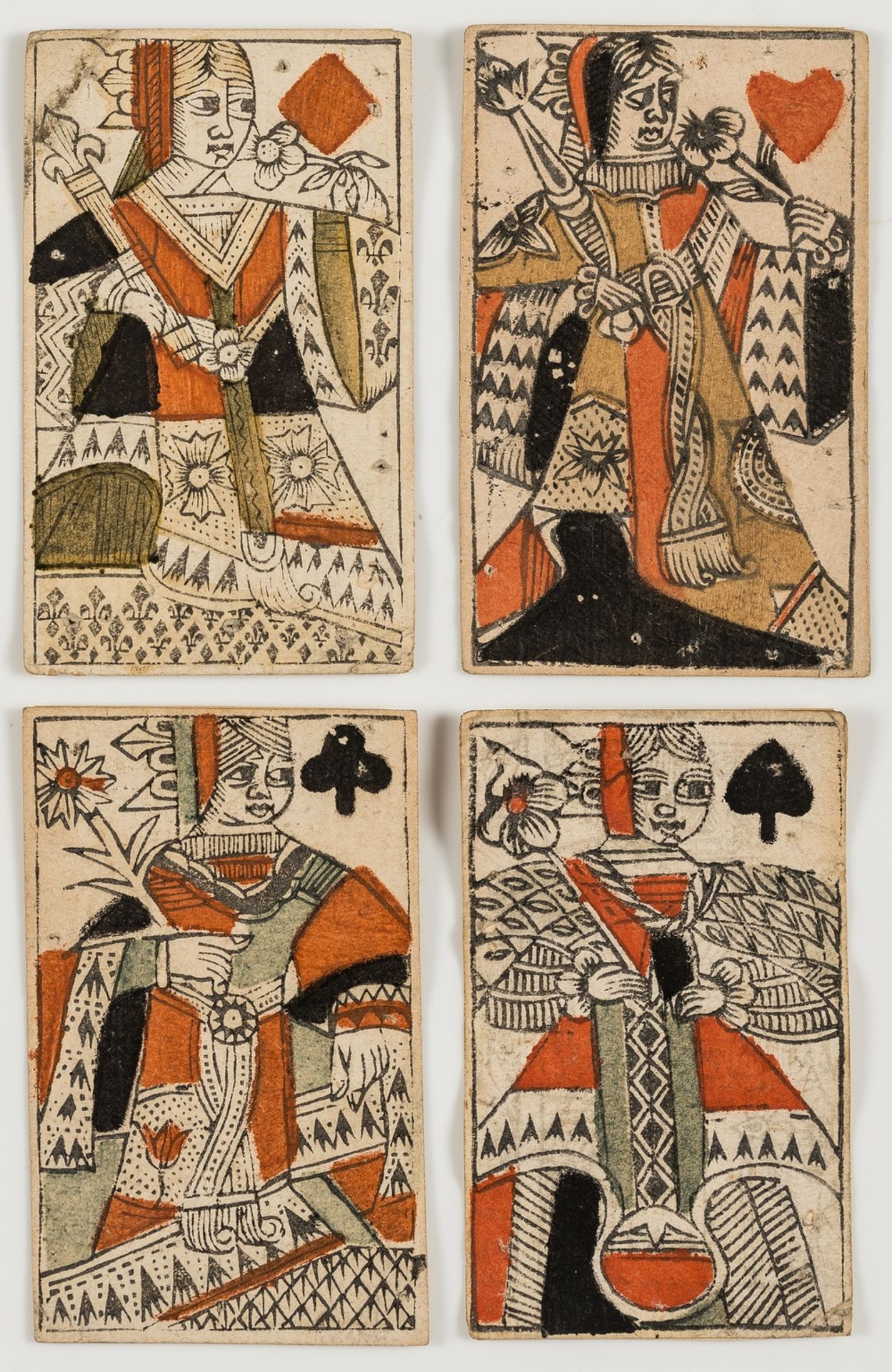 French School (probably 18th century) Four playing cards, including the Queen of Hearts, Diamonds, …