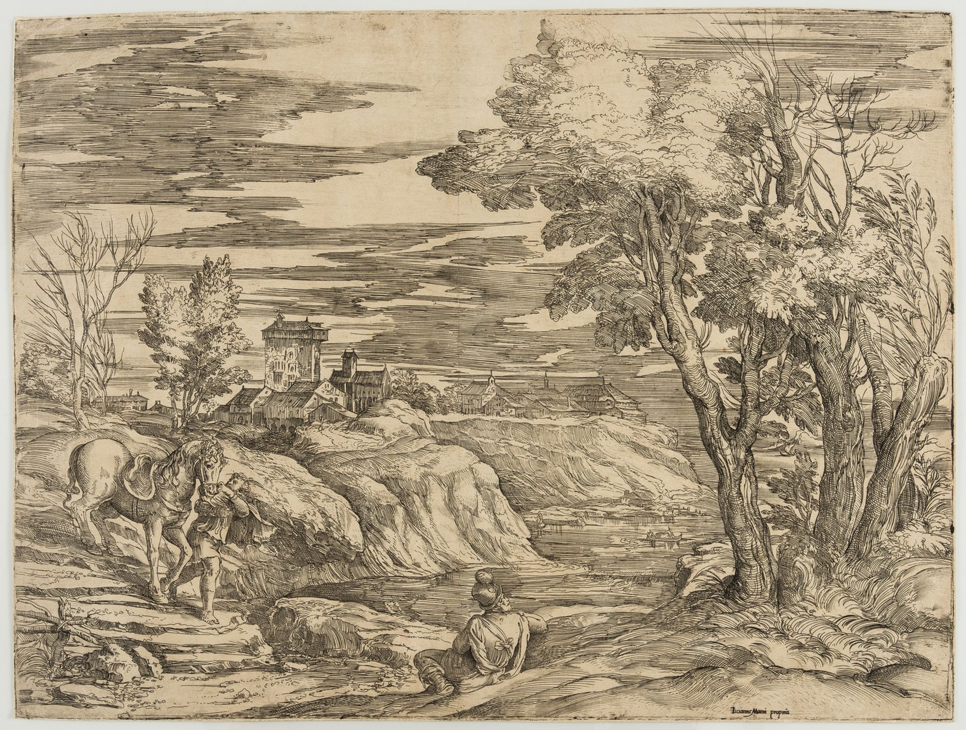 Venetian School (circa 1550s) Landscape with a Horseman and His Groom