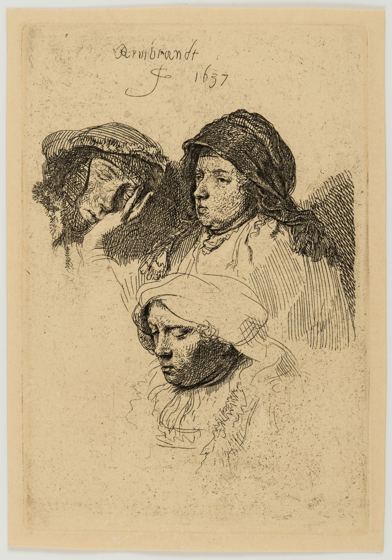 Rembrandt van Rijn (1606-1669) Three Heads of Women, One Asleep