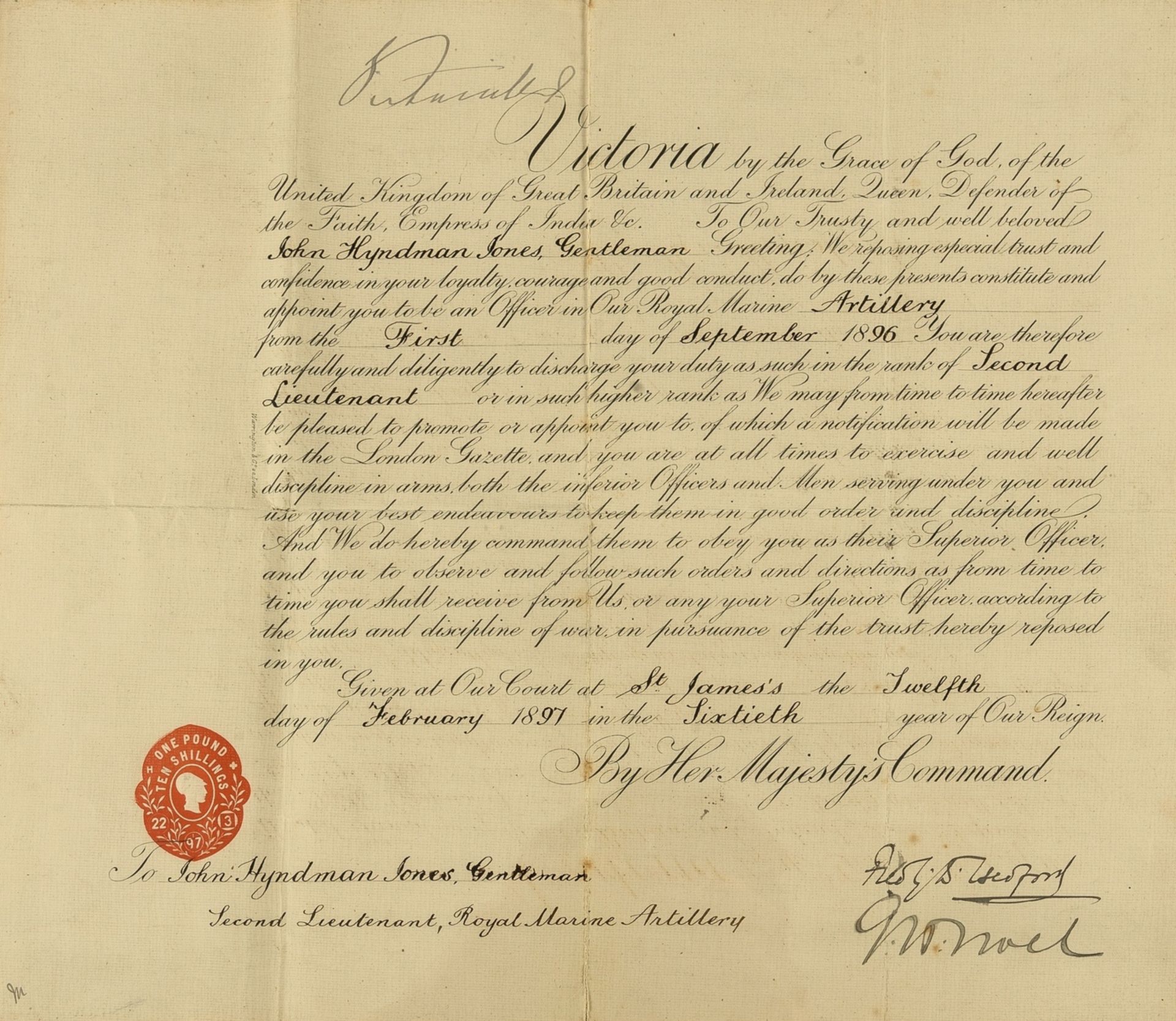 Victoria (Queen) Commission signed appointing John Hyndman Jones a Second Lieutenant, Royal Marine …