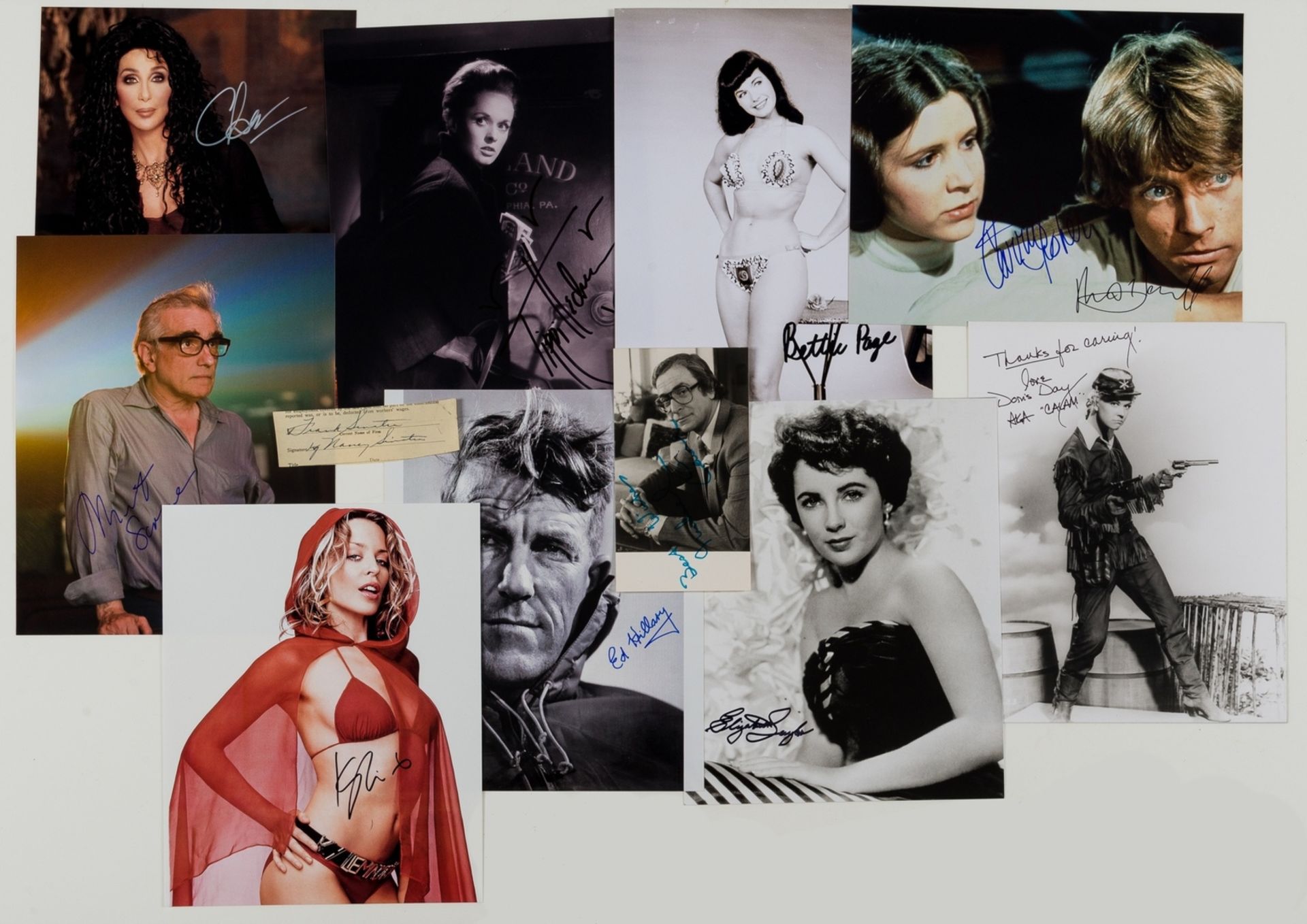 Collection of c.100 signatures, including Nancy Sinatra, Edmund Hillary, Michael Caine, Doris Day, …