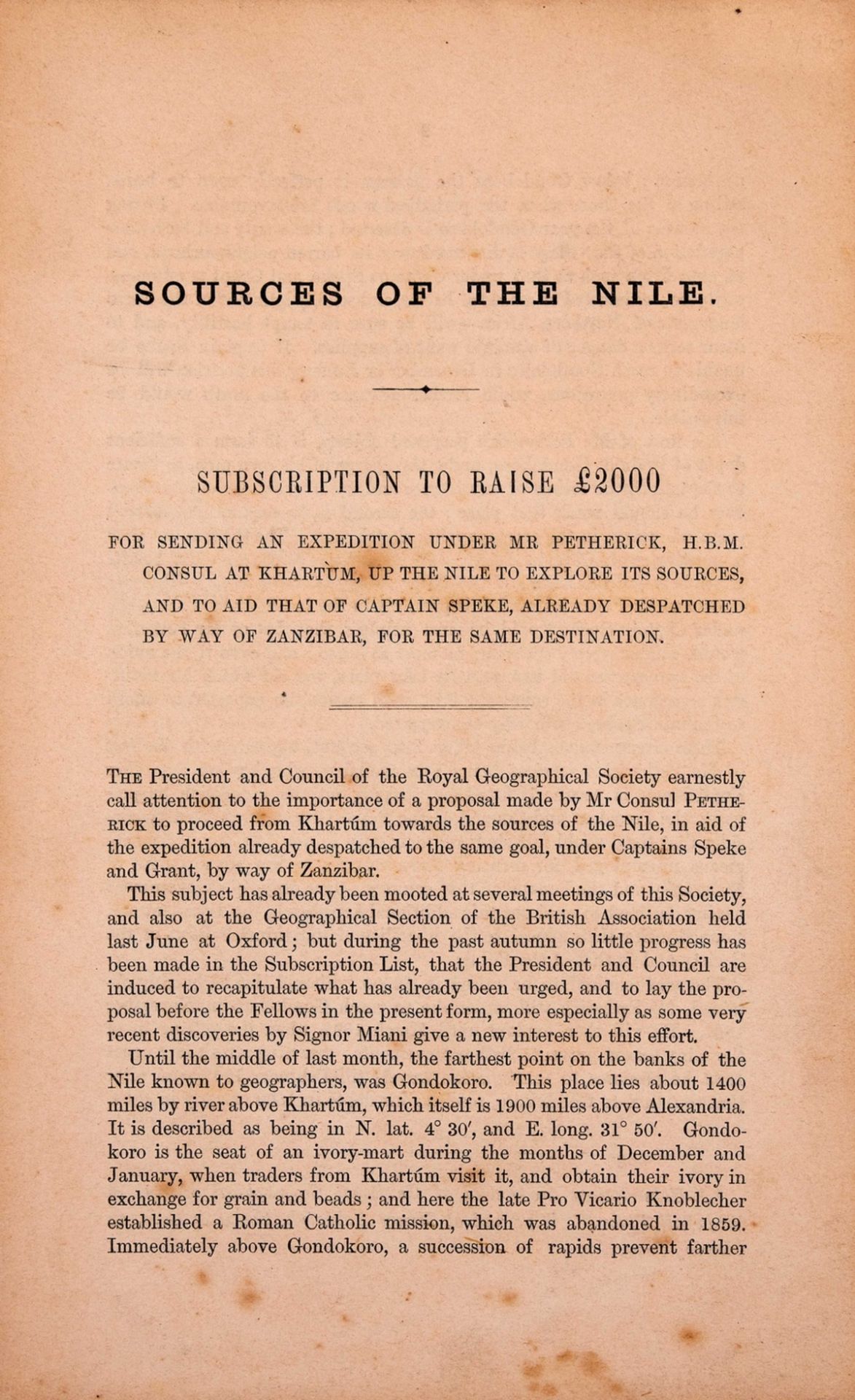 Africa.- Petherick (John).- Sources of the Nile. Subscription to Raise £2,000, 4pp., 1861.