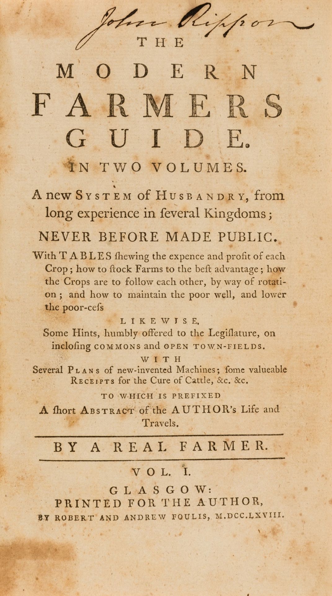 Foulis.- [Varlo (Charles)], "A real farmer". The Modern Farmers Guide. In Two Volumes. A New …