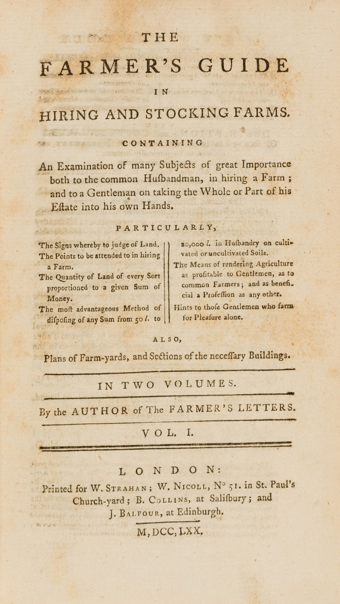 Young (Arthur) The Farmer's Guide in Hiring and Stocking Farms, 2 vol., first edition, W. Strahan …