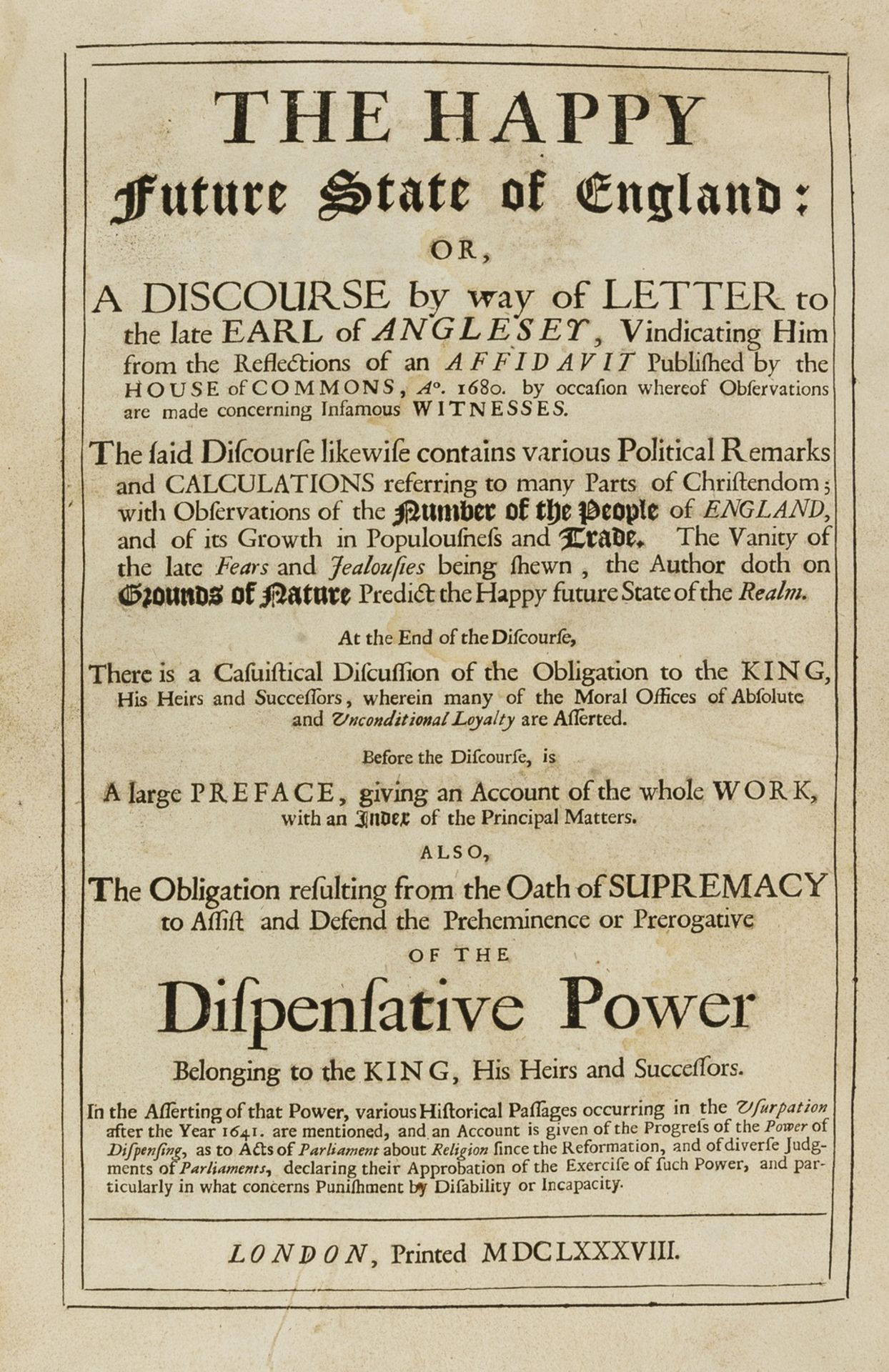 Pett (Sir Peter) The Happy Future State of England, first edition, n.p., 1688.