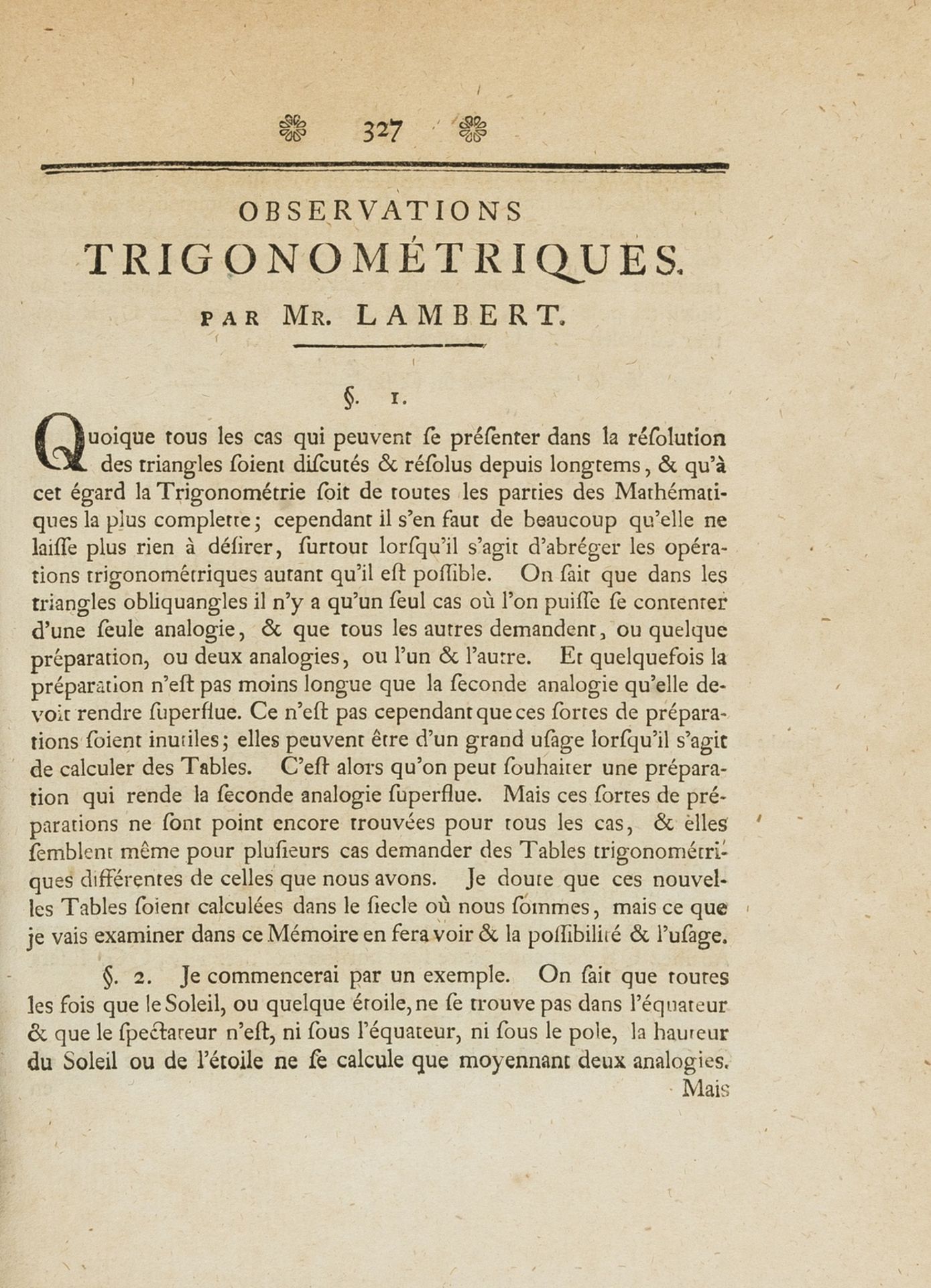 Lambert (Johann Heinrich) Observations Trigonometriques, extract from Nouveaux Memoires de …