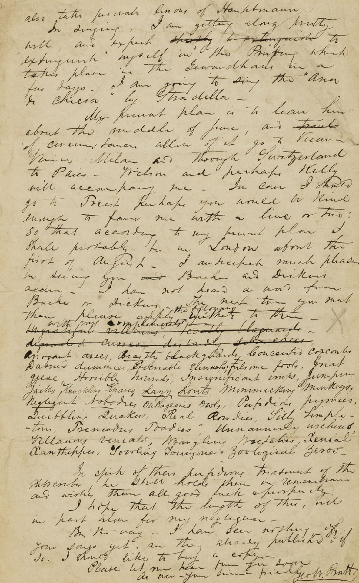 Dickens (Charles).- Pratt (George Watson) Autograph Letter signed to Francesco Berger, 1855, …