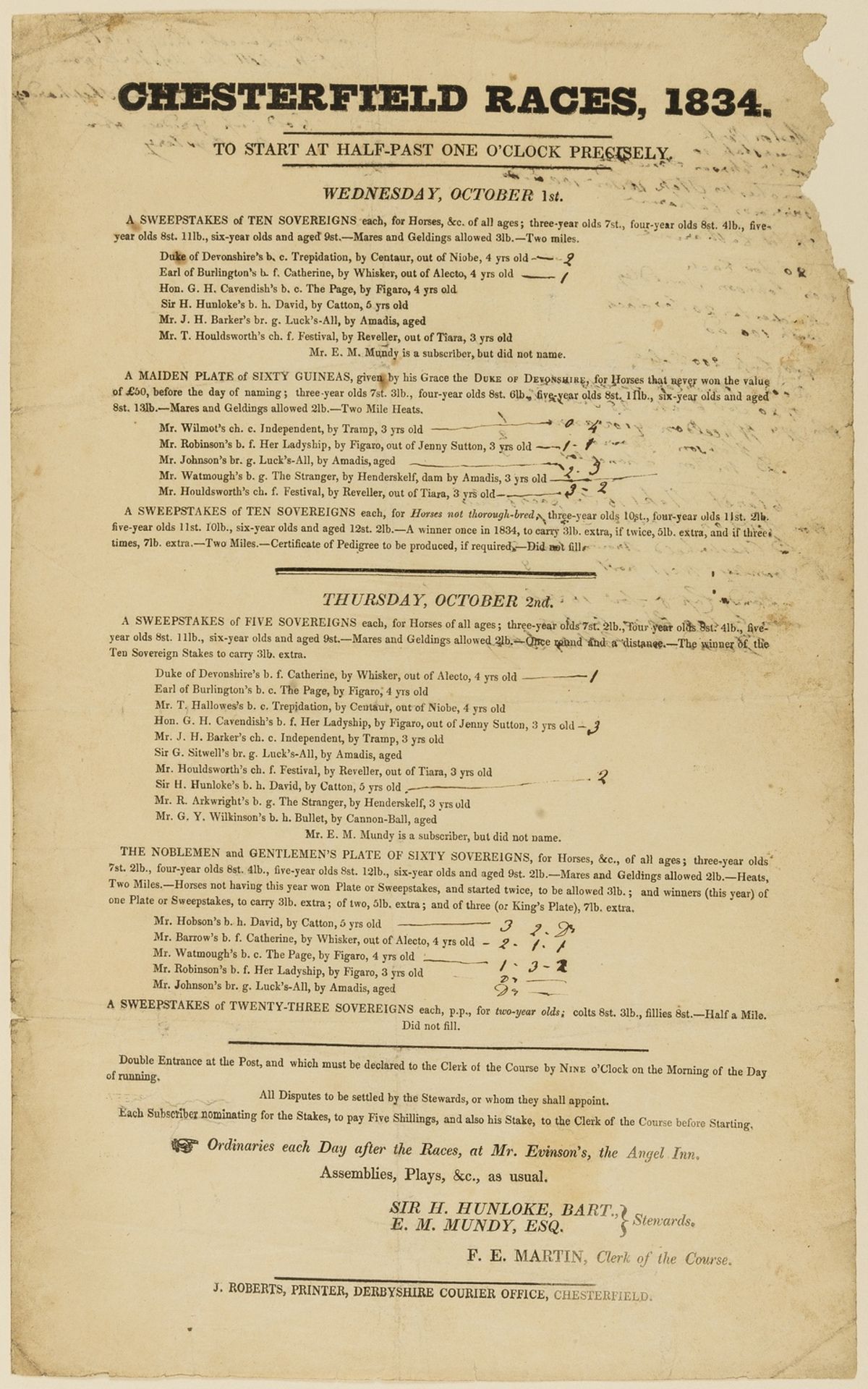 Racing broadsides.- 17 broadsides advertising horse races, 1833-49.