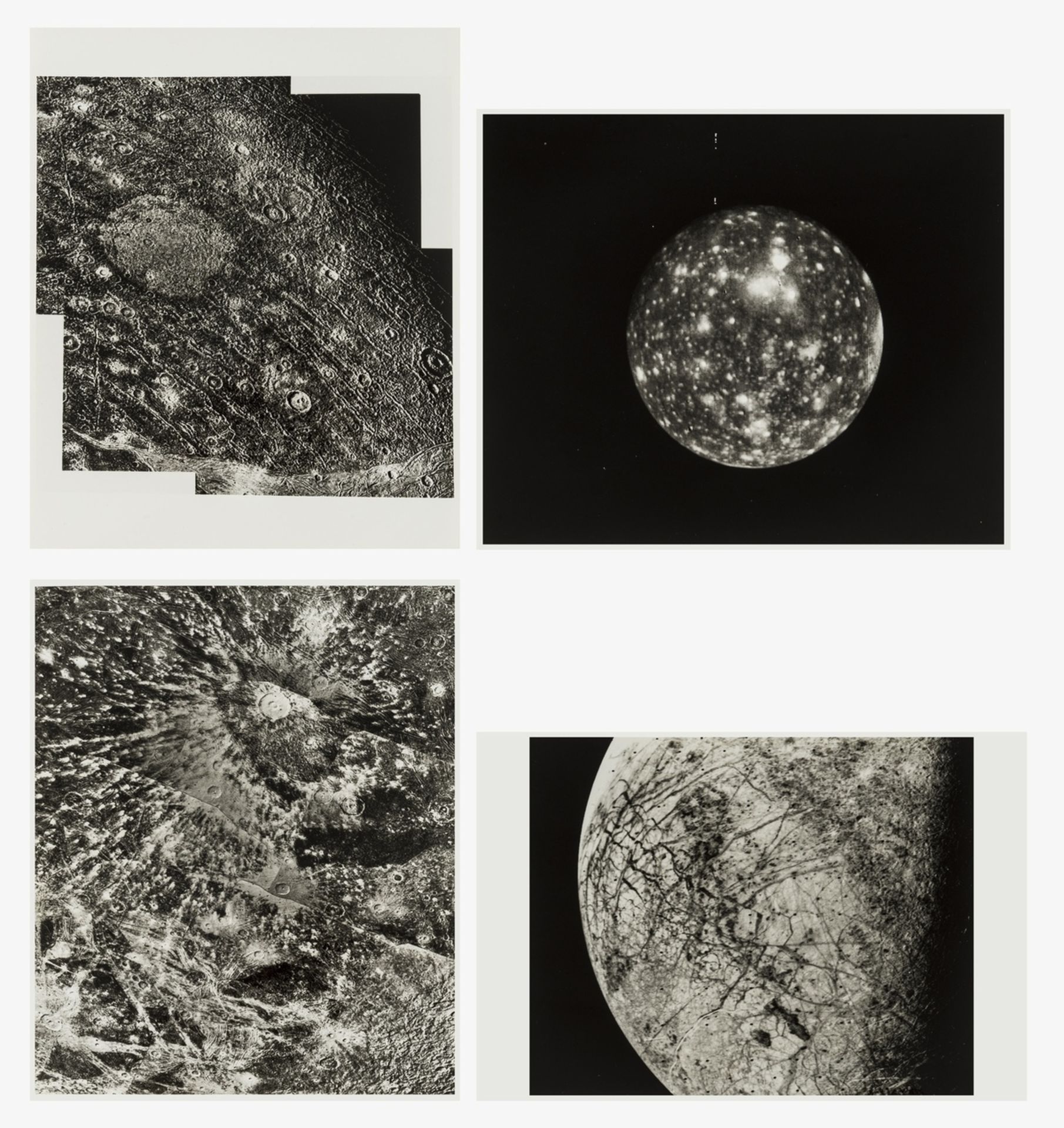 Jupiter's four Galilean moons, Io, Europa, Ganymede and Callisto, 12 vintage gelatin silver …