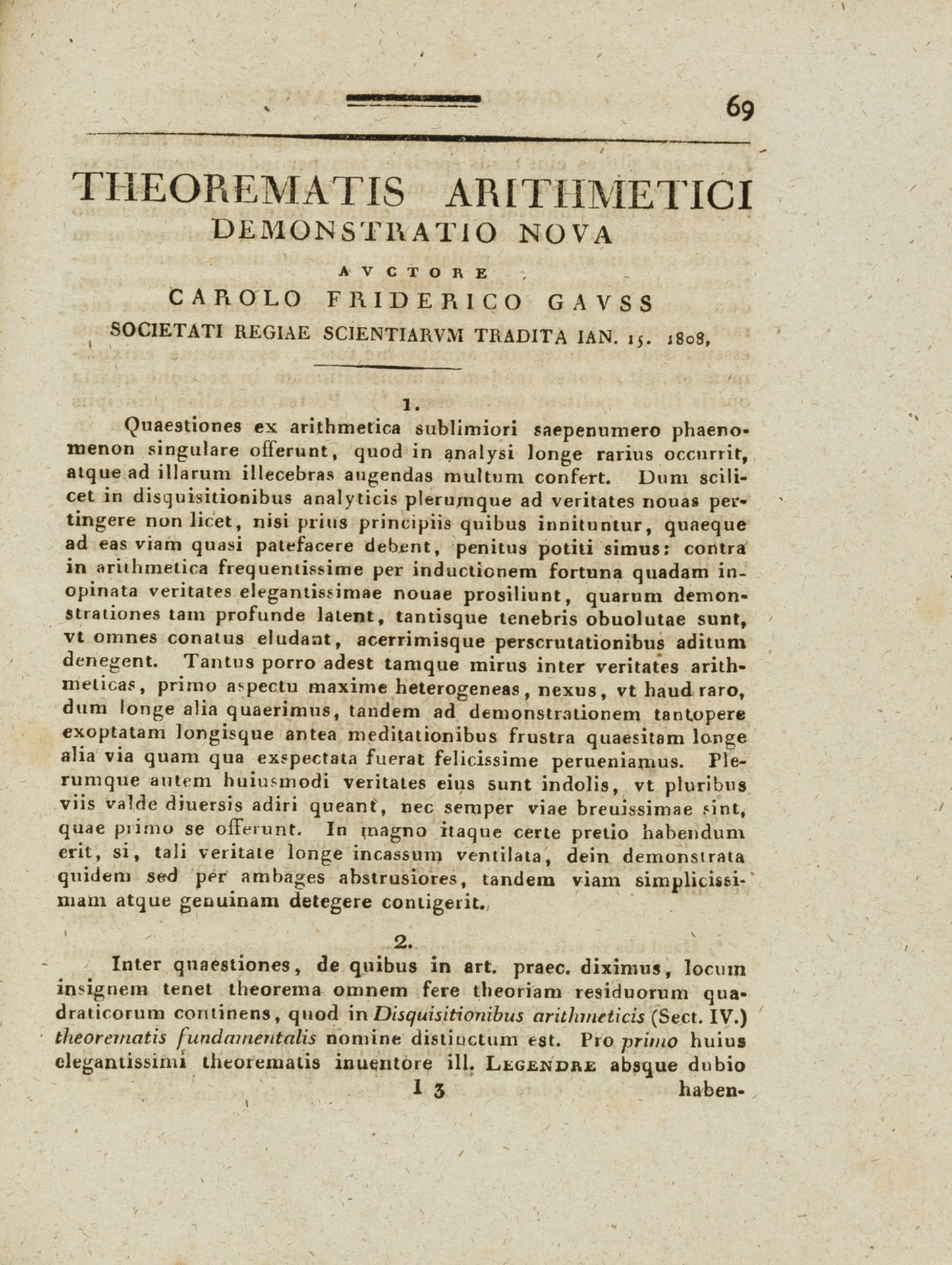 Gauss (Carl Friedrich) Theorematis Arithmetici Demonstratio Nova, extract from Commentationes …