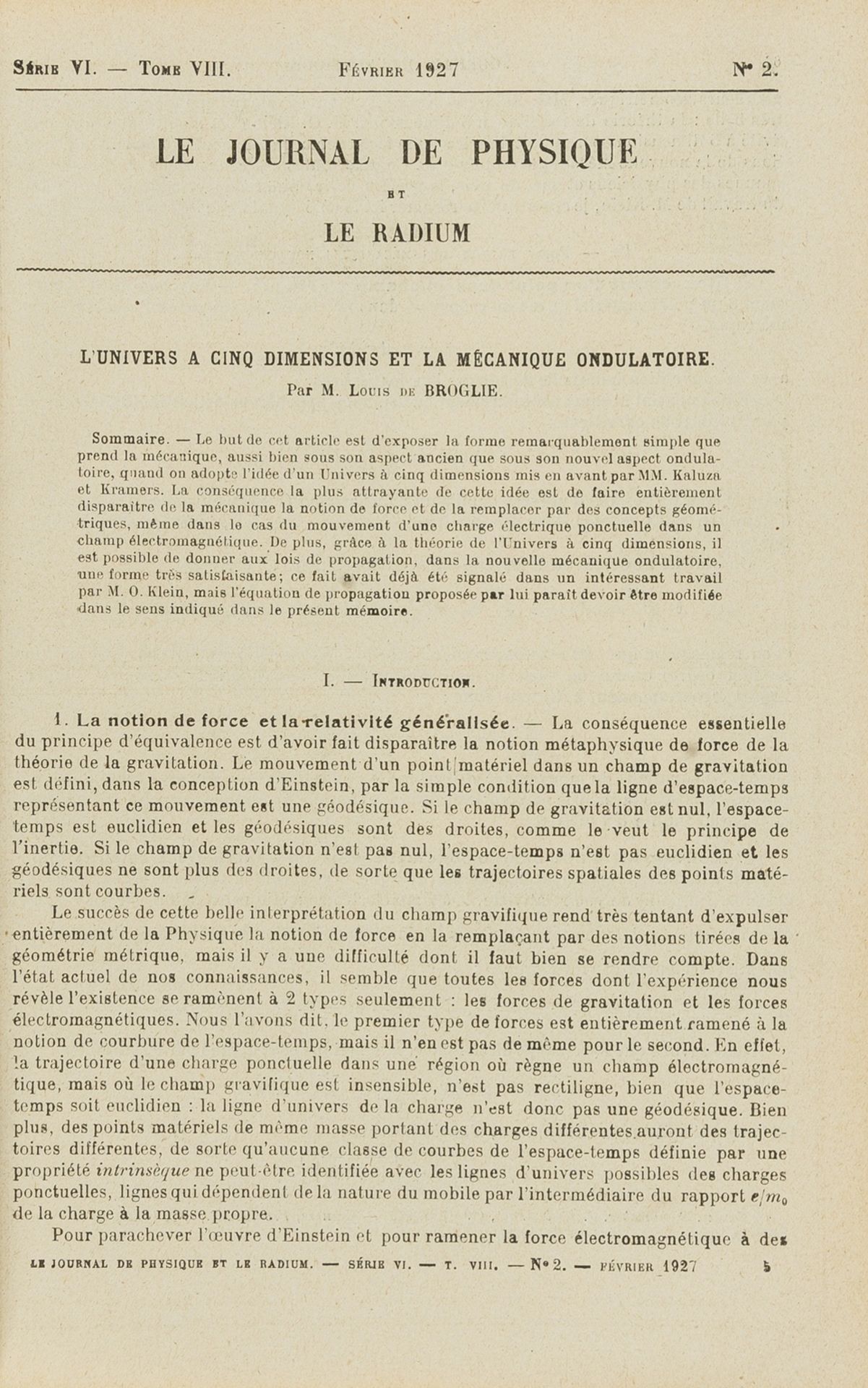 Broglie (Louis-Victor de) L'univers a cinq dimensions et la mecanique ondulatoire, in Le Journal …