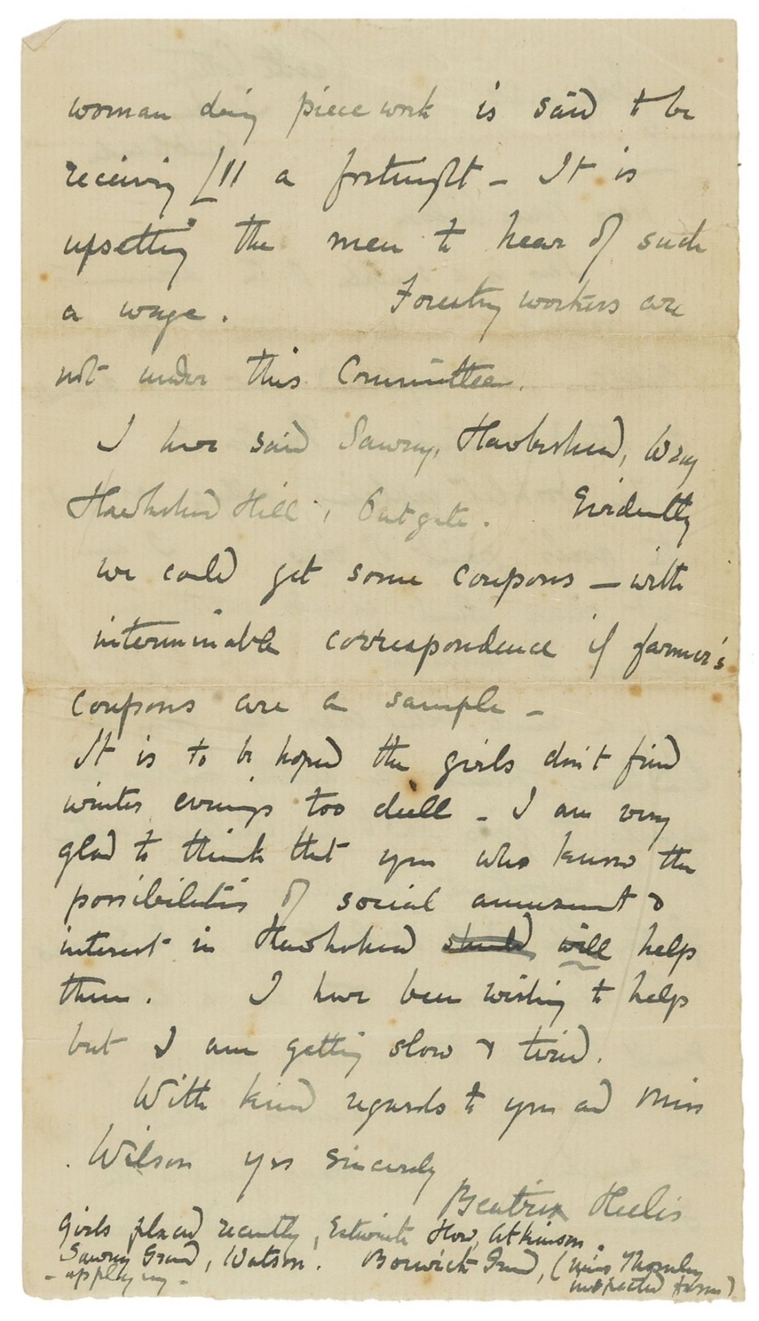 Potter (Beatrix) Autograph Letter signed, regarding the Women's Land Army in the Lake District, …