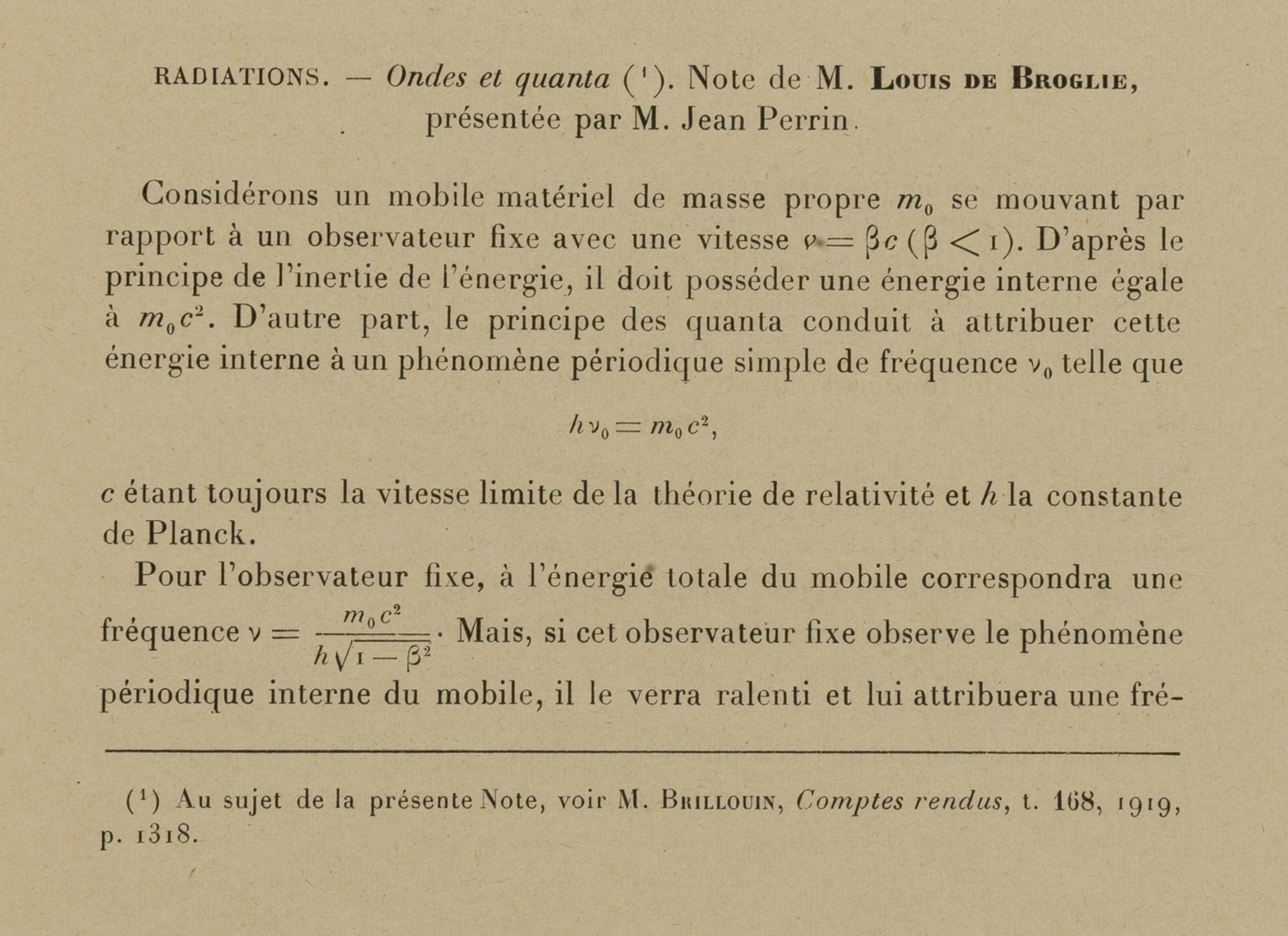 Quantum mechanics.- Broglie (Louis-Victor de) "Ondes et Quanta", "Quanta de lumiere diffraction et …