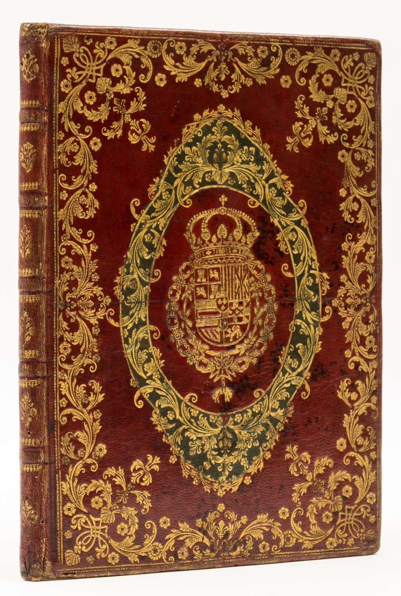 Spanish binding.- 18th century red morocco binding bearing the royal arms of Spain, [18th century]