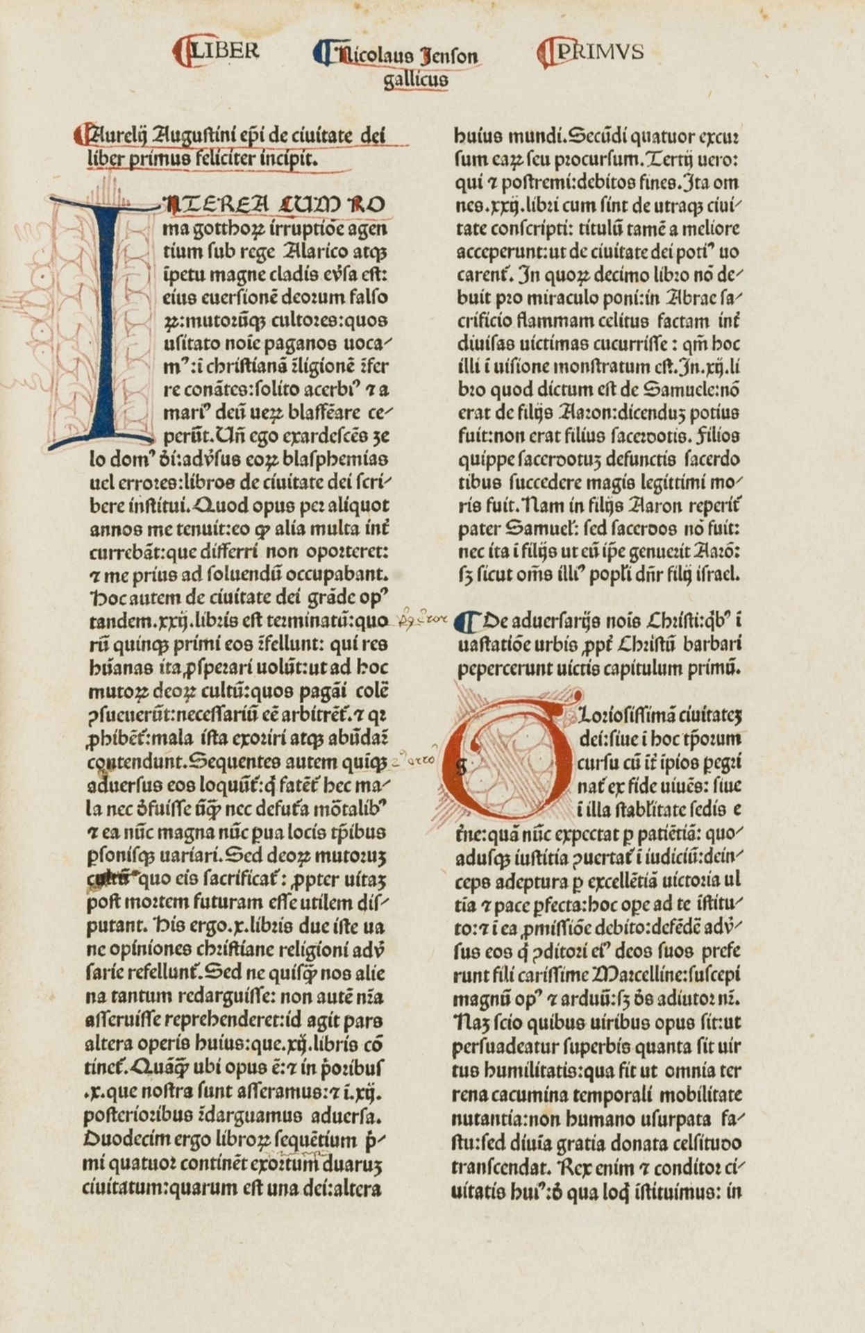 Augustinus (Aurelius, Saint) De civitate dei, Venice, Nicolaus Jenson, 2 October, 1475.