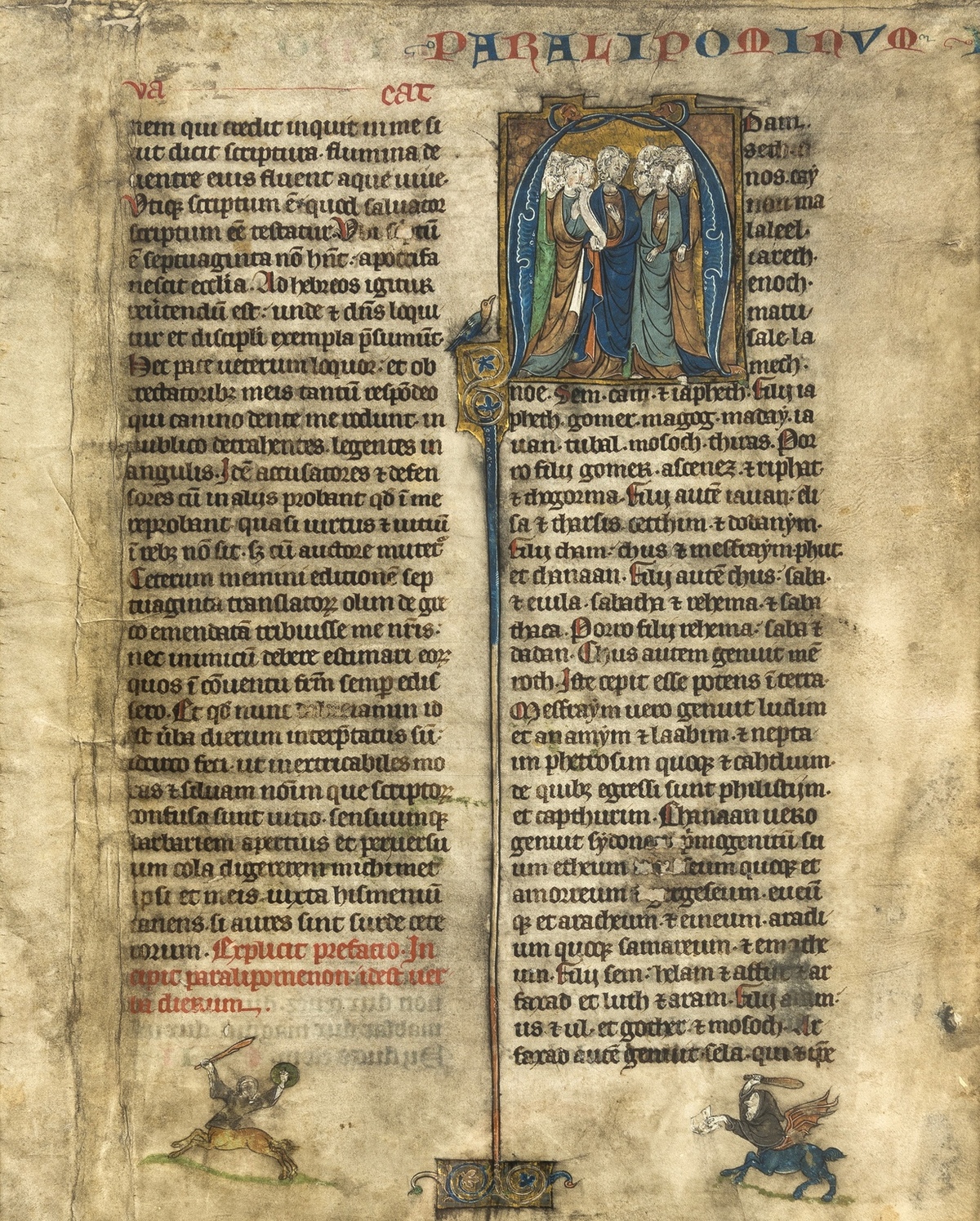 Illuminated manuscript.- Adam and his Descendants, historiated initial on a bifolium from a large …