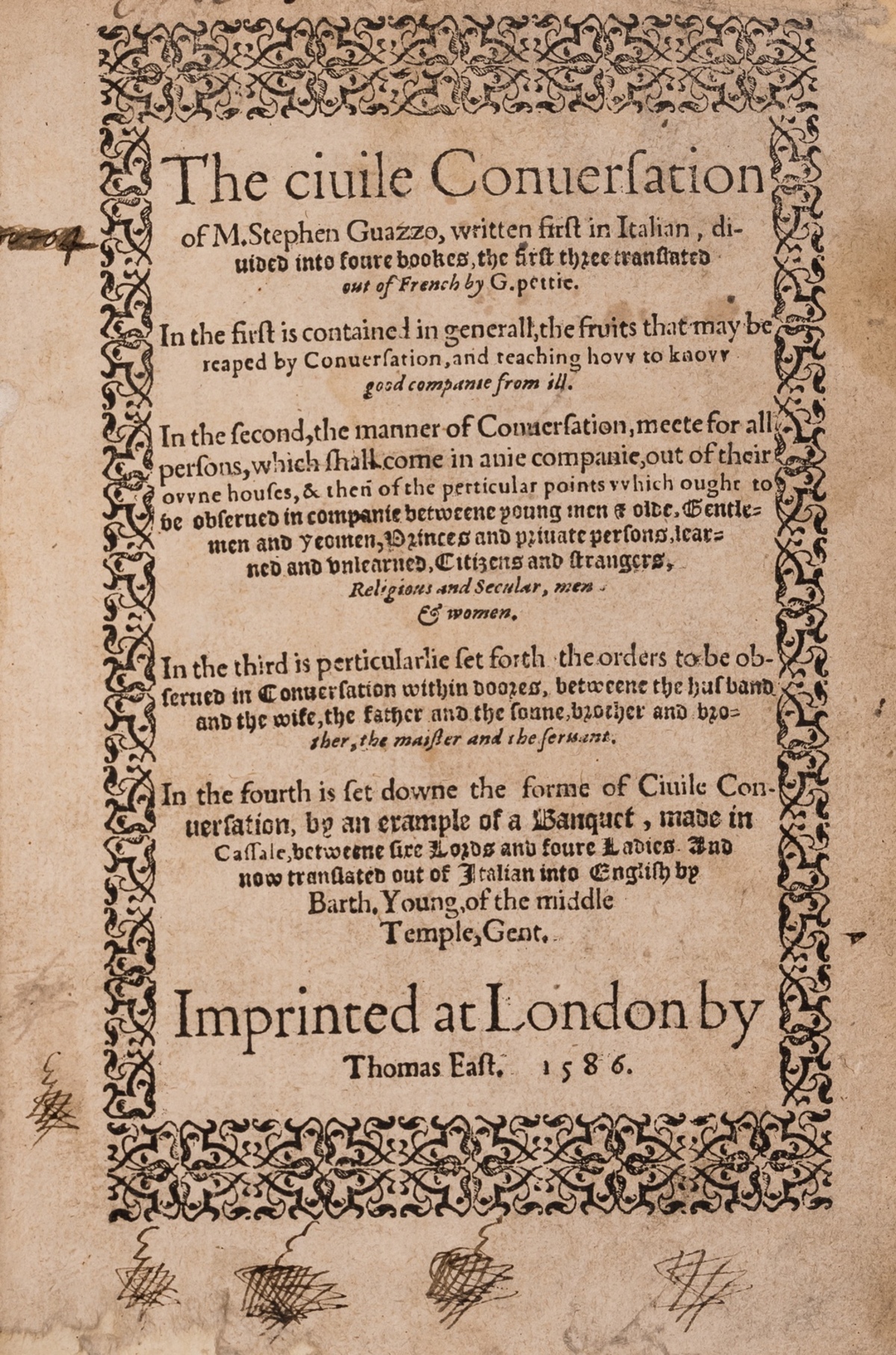 Guazzo (Stefano) The Civile Conversation, second English edition, by Thomas East, 1586.