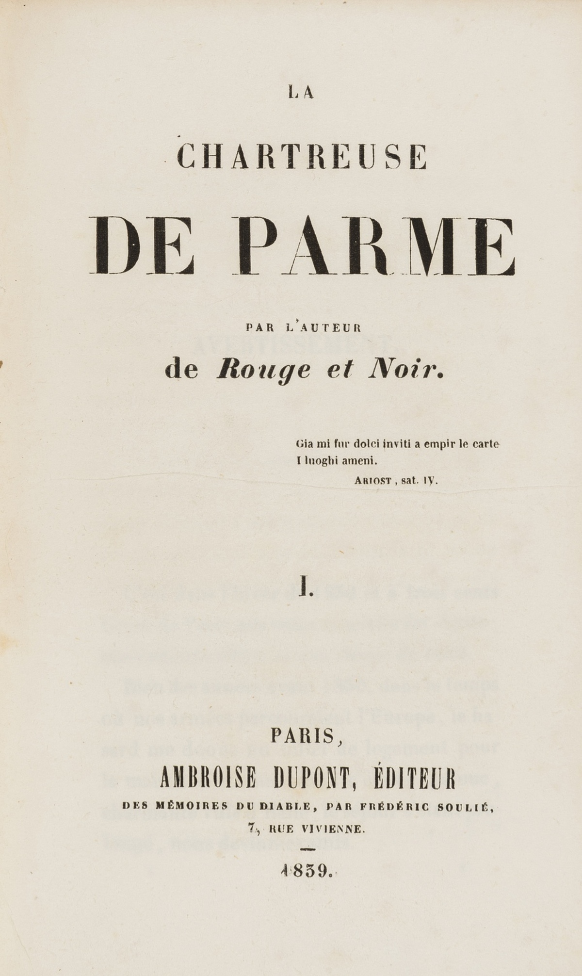 "Stendhal". La Chartreuse de Parme, 2 vol., first edition, first issue, Paris, Ambroise Dupont, …