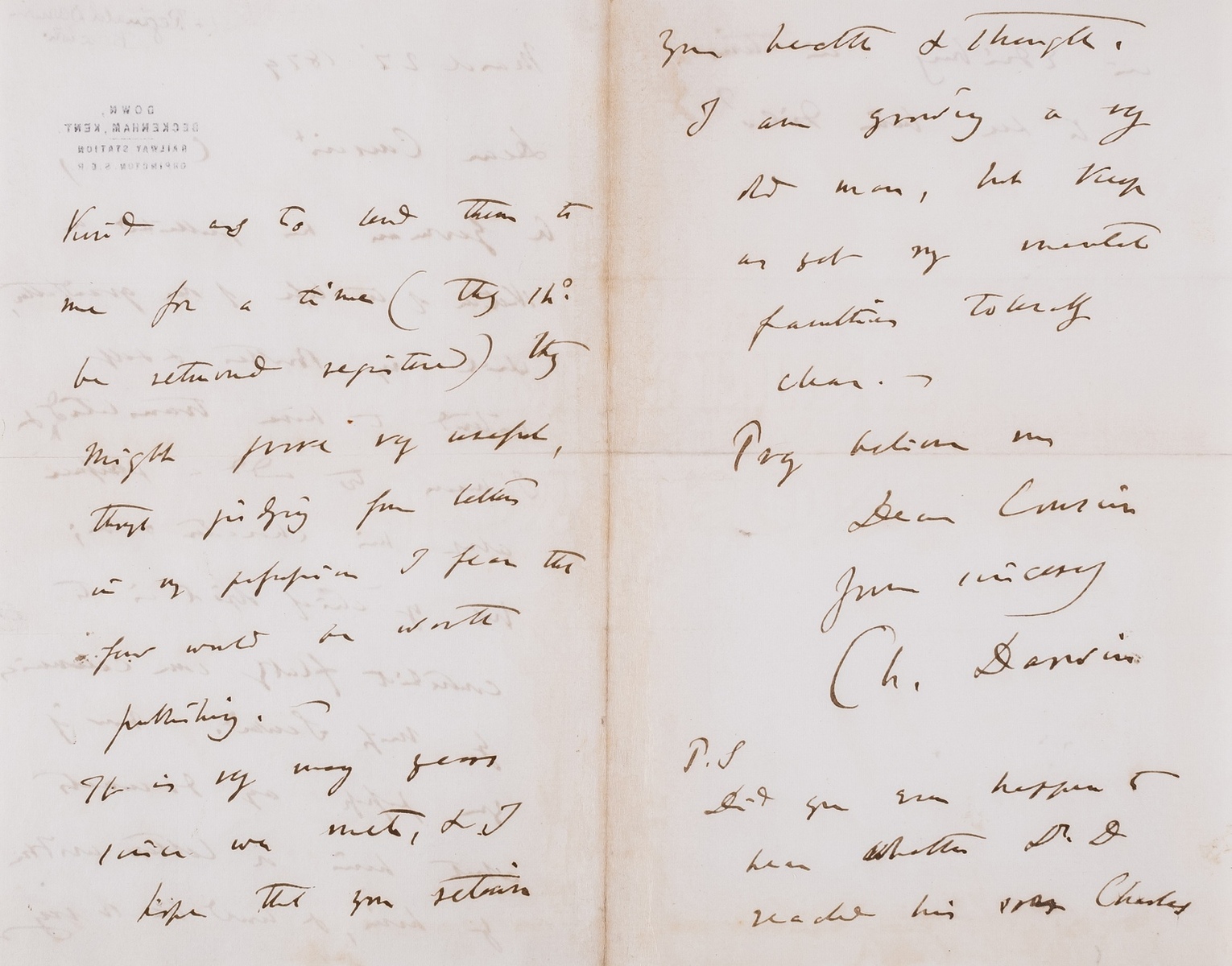 Darwin (Charles) Autograph Letter signed to his cousin Reginald Darwin, 1879, announcing his …