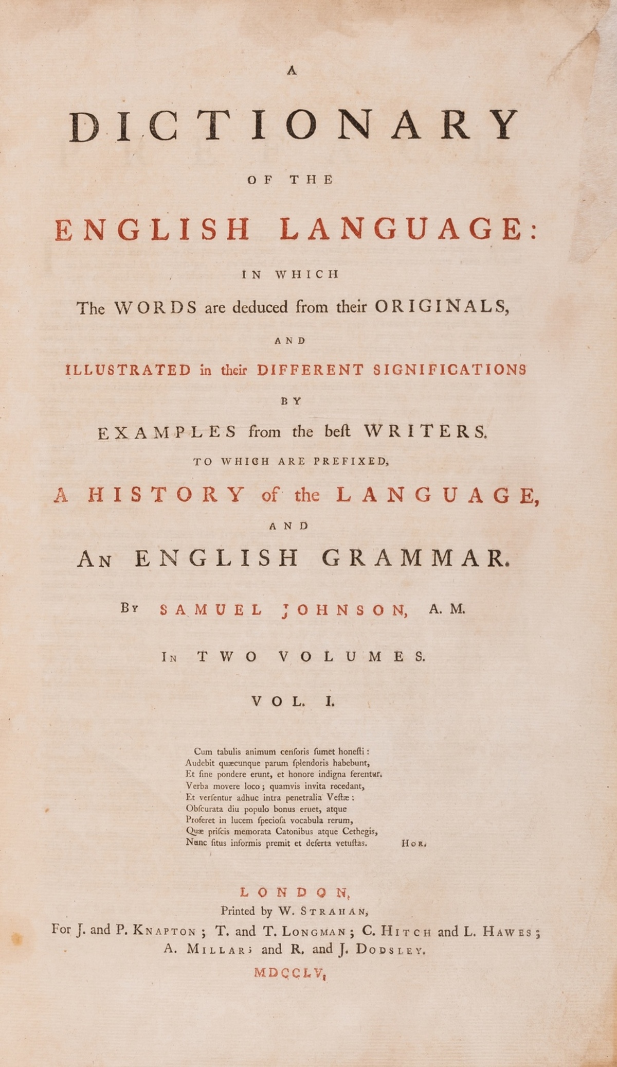 Johnson (Samuel) A Dictionary of the English Language, first edition, 2 vol., 1755.