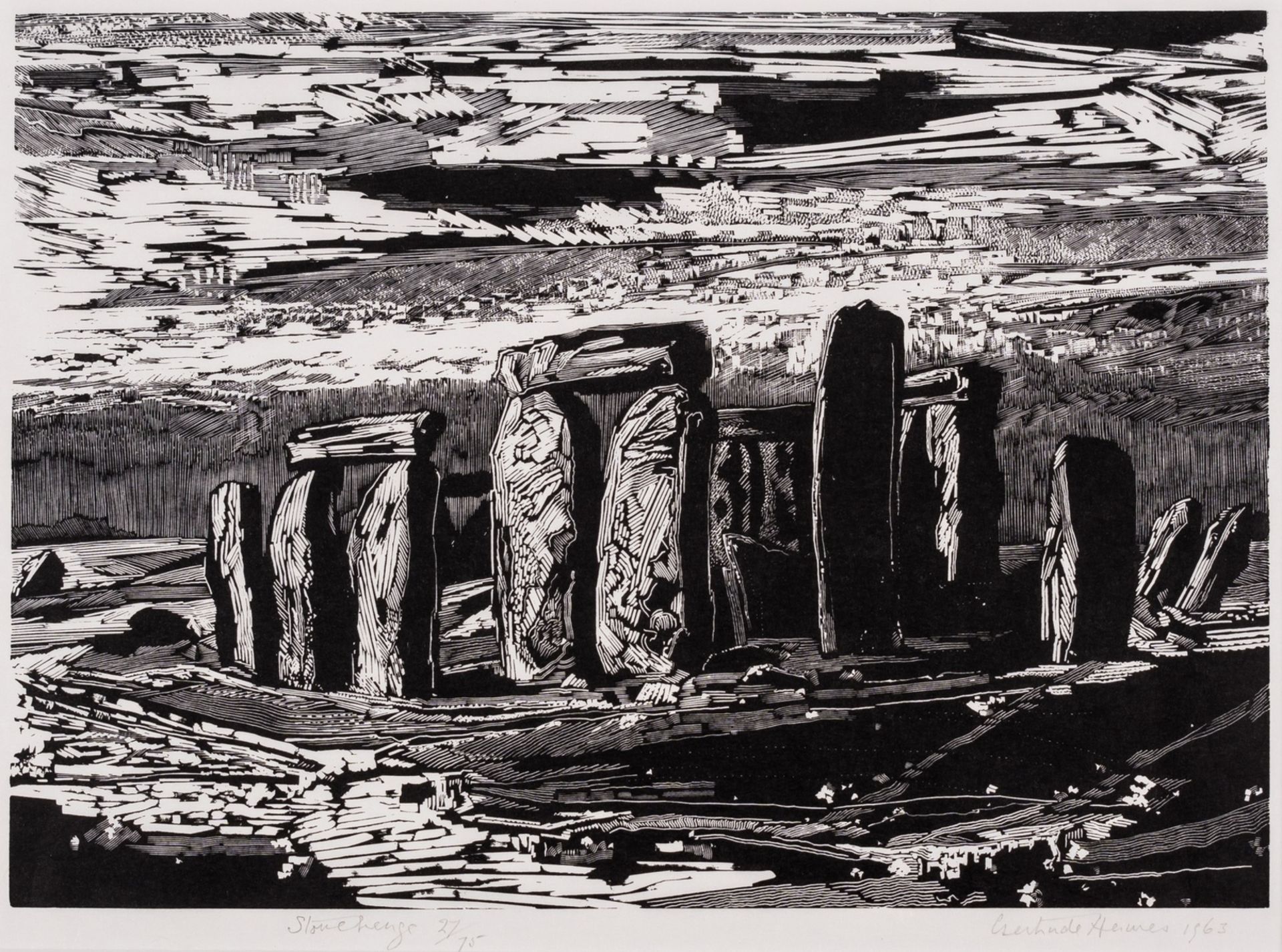 Hermes (Gertrude) Stonehenge, wood-engraving on Japon, signed, 1963.