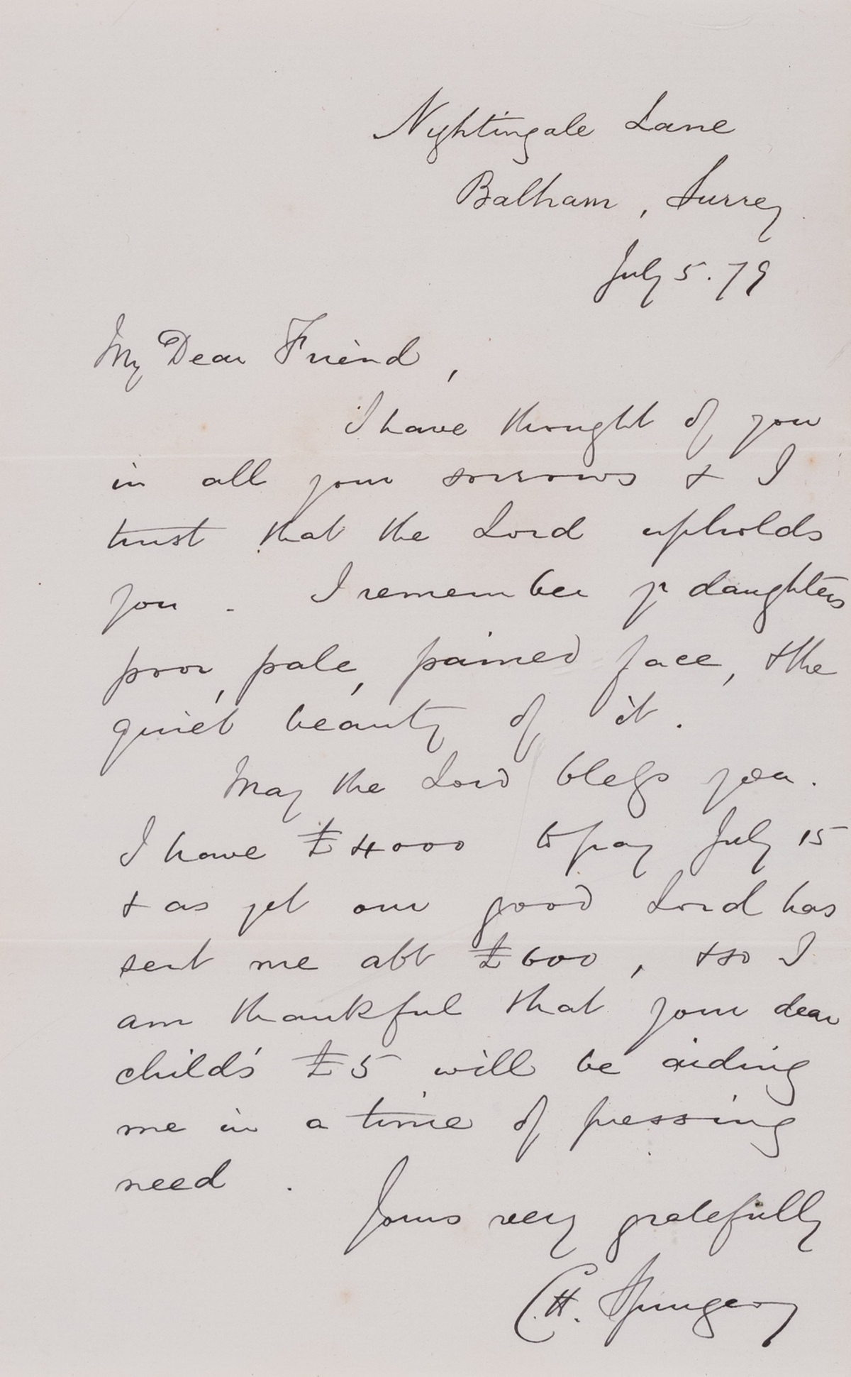 Baptist preacher.- Spurgeon (Charles Haddon) Autograph Letter signed to Mrs Forbes, of Culloden, …