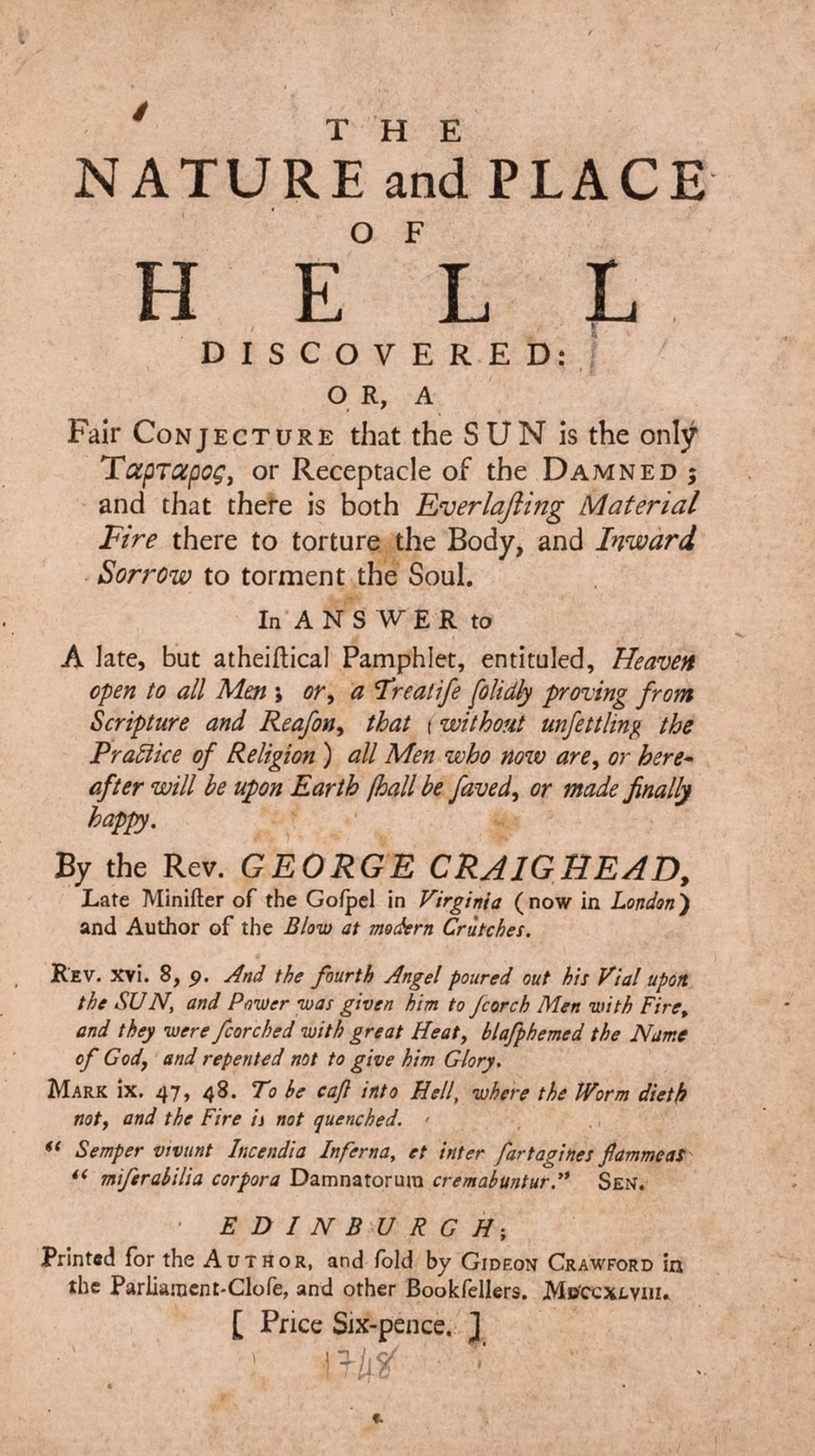 Craighead (George) The Nature and Place of Hell Discovered: or, a Fair Conjecture that the Sun is …