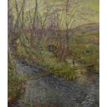 20th Century School, a large oil on canvas of a forked river with alone figure on the riverbank,