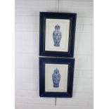 V. Morland, a companion pair of coloured prints of blue and white porcelain vases, framed under