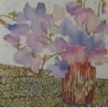 Jane Hickman, still life vase of flowers, painting on textile, signed in pencil and framed under