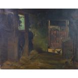 Circle of Alberto Morrocco, (1917 - 1998), the interior of a barn with chickens, oil on canvas, on a