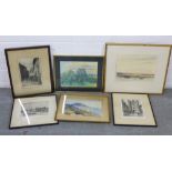 Mixed artwork comprising three etchings to include scenes of St James palace & Rouen, etc, three