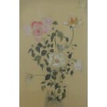 Shinko Deshima, a Japanese ink and watercolour of Roses, signed in pencil, framed under glass, 26