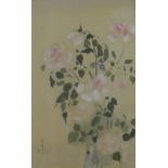 Shinko Deshima, a Japanese ink and watercolour of Roses, signed in pencil, framed under glass, 26