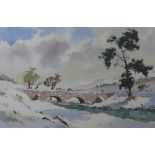 Watercolour of a bridge over a river in winter, framed under glass, 47 x 32cm