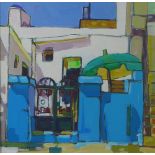 Contemporary School, 'Blue Wall: Rhodes' oil on board, signed indistcintly and framed under glass,