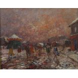 Early 20th Century American School oil on board of a snowy street, signed indistinctly, in a moulded