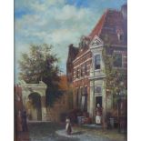 R.R Nello, an oil on board of a Continental street scene with figures, signed, in an ornate frame,