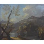 19th century oil on canvas of a man and boy sat on the riverbank with mountains in the distance,