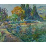 20th Century School oil on canvas of a boats moored at the riverside, signed indistinctly, in a gilt