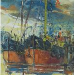 James Watt, RSW, RGI, (SCOTTISH b.1931) 'East India Harbour'. oil on canvas, signed and framed under