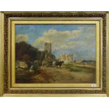 19th century school oil on canvas of a shore and castle ruin, apparently unsigned but with a paper