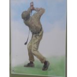 J.B Frost, a watercolour of a golfer teeing off, signed and framed under glass, 25 x 33cm