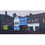 D. Cooper, a street scene with white and blue houses, mixed media, signed and framed under glass,